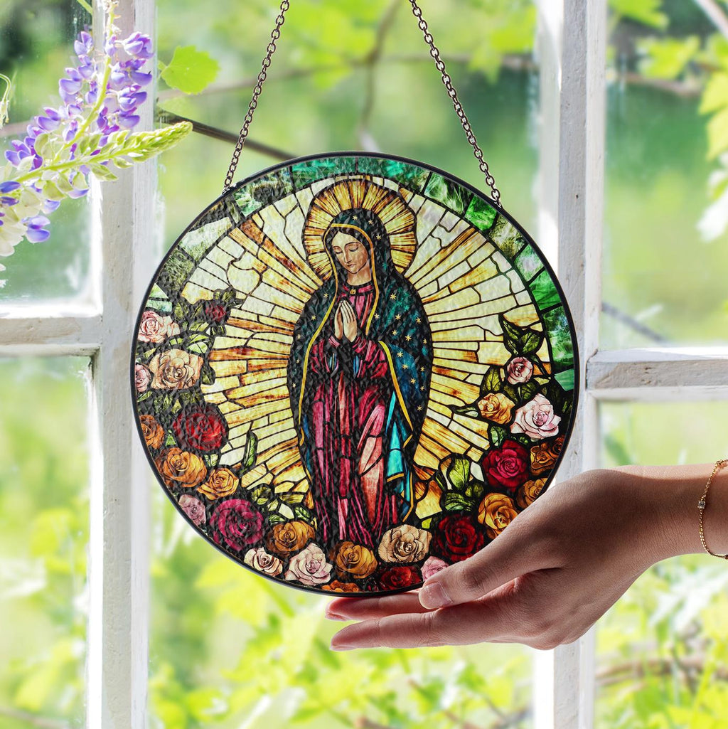 Suncatcher Vitral Nossa Senhora de Guadalupe com Rosas – Enfeite de Janela Redondo Católico