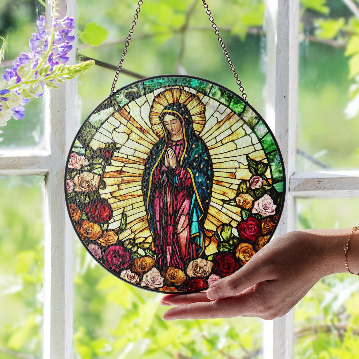 Suncatcher Vitral Nossa Senhora de Guadalupe com Rosas – Enfeite de Janela Redondo Católico