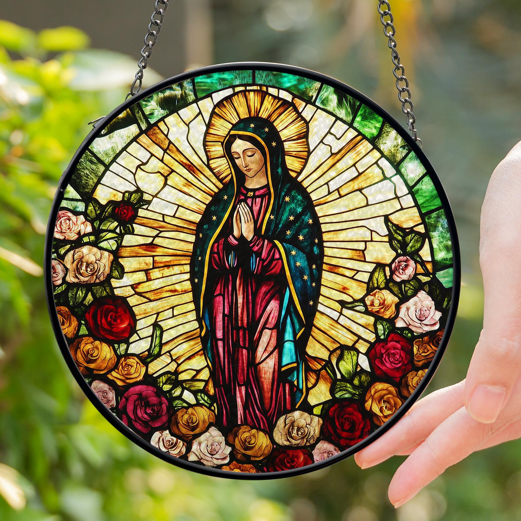 Suncatcher Vitral Nossa Senhora de Guadalupe com Rosas – Enfeite de Janela Redondo Católico