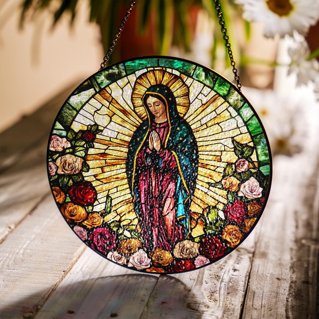 Suncatcher Vitral Nossa Senhora de Guadalupe com Rosas – Enfeite de Janela Redondo Católico
