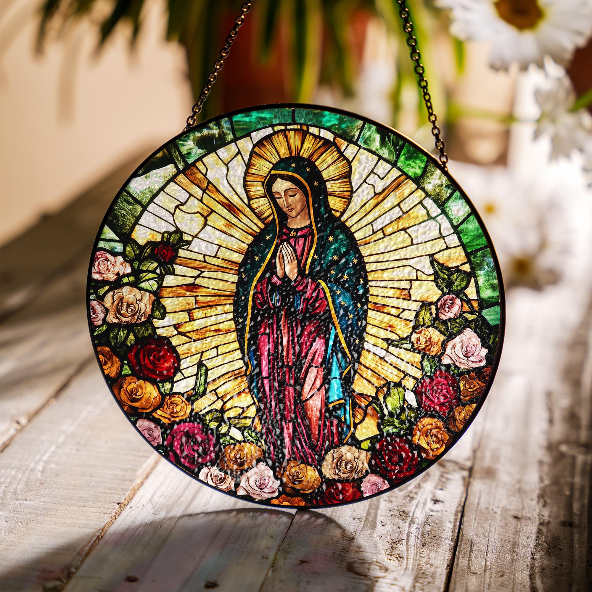 Suncatcher Vitral Nossa Senhora de Guadalupe com Rosas – Enfeite de Janela Redondo Católico