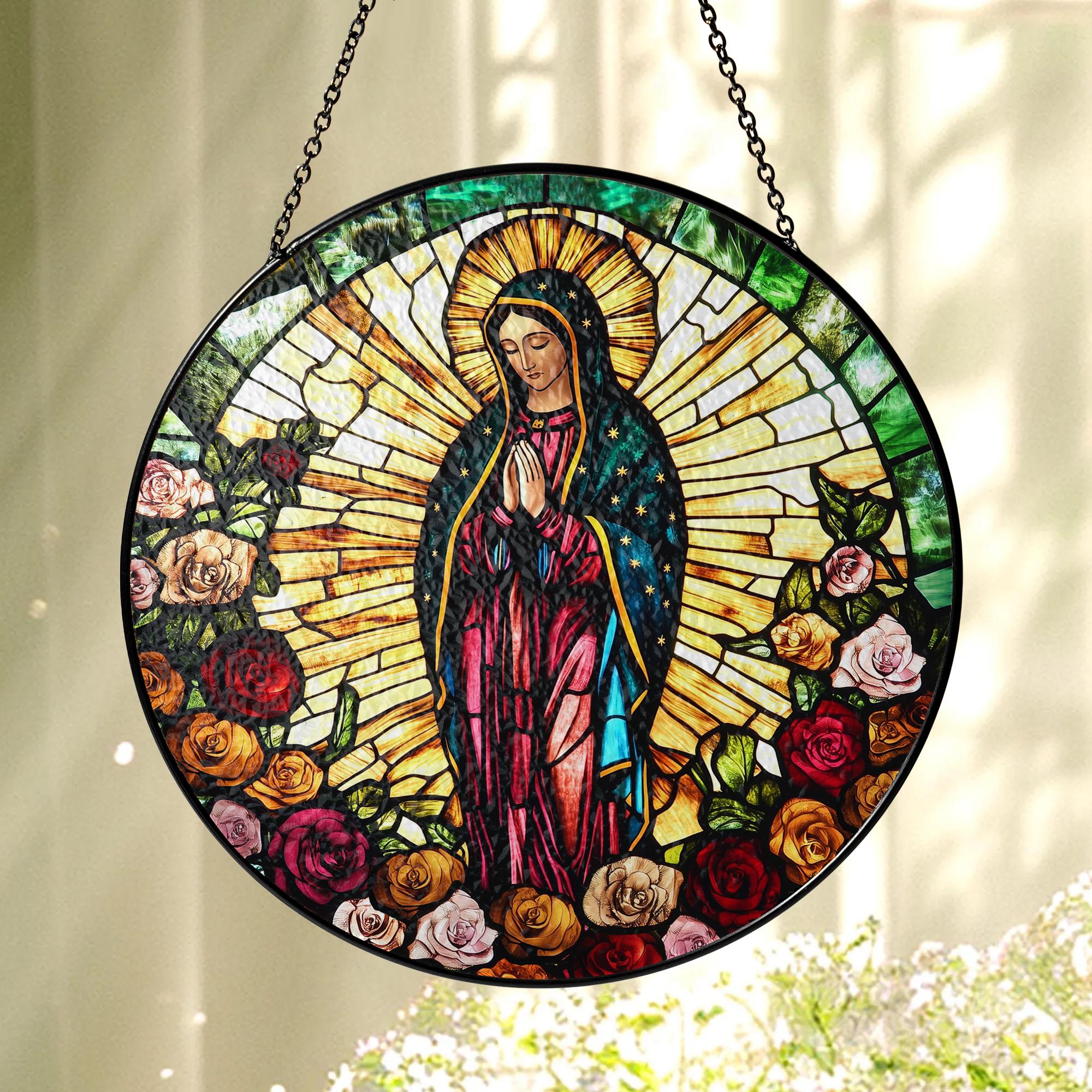 Suncatcher Vitral Nossa Senhora de Guadalupe com Rosas – Enfeite de Janela Redondo Católico