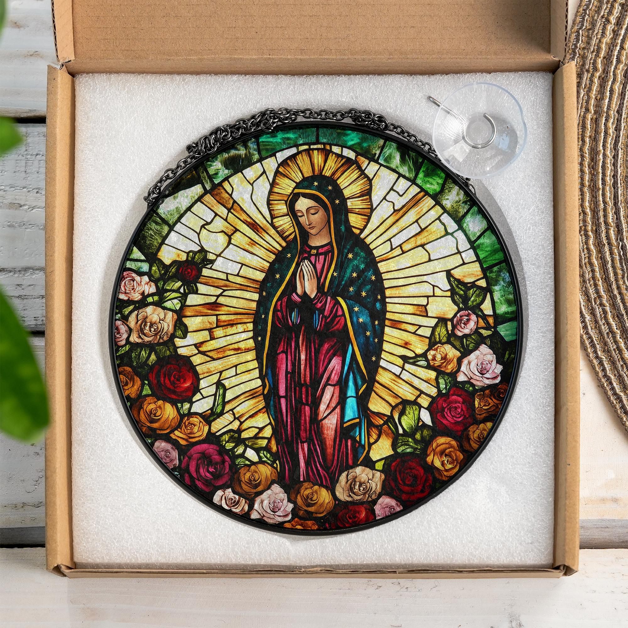 Suncatcher Vitral Nossa Senhora de Guadalupe com Rosas – Enfeite de Janela Redondo Católico