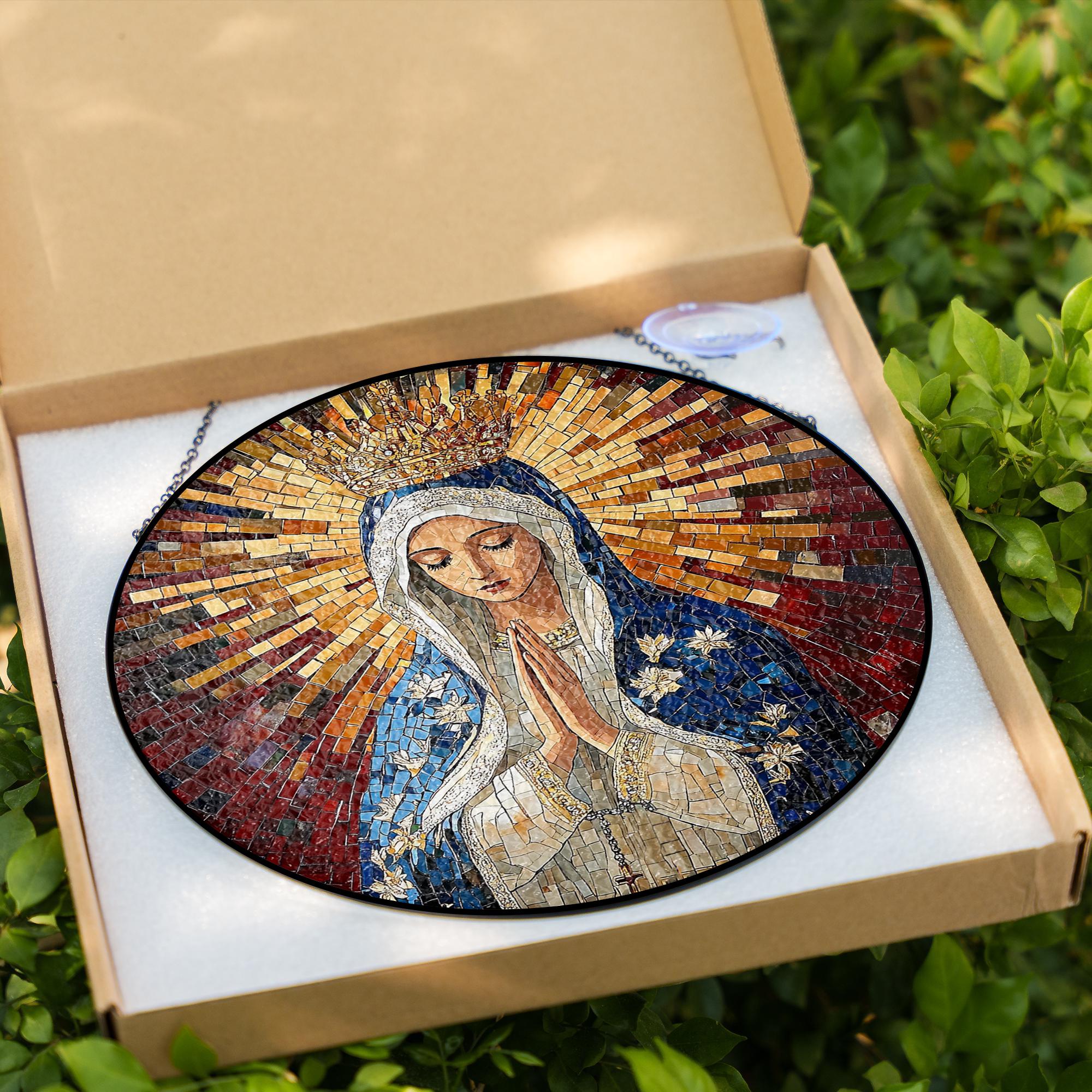 Suncatcher Vitral Nossa Senhora de Fátima Coroada – Enfeite de Janela Redondo Católico