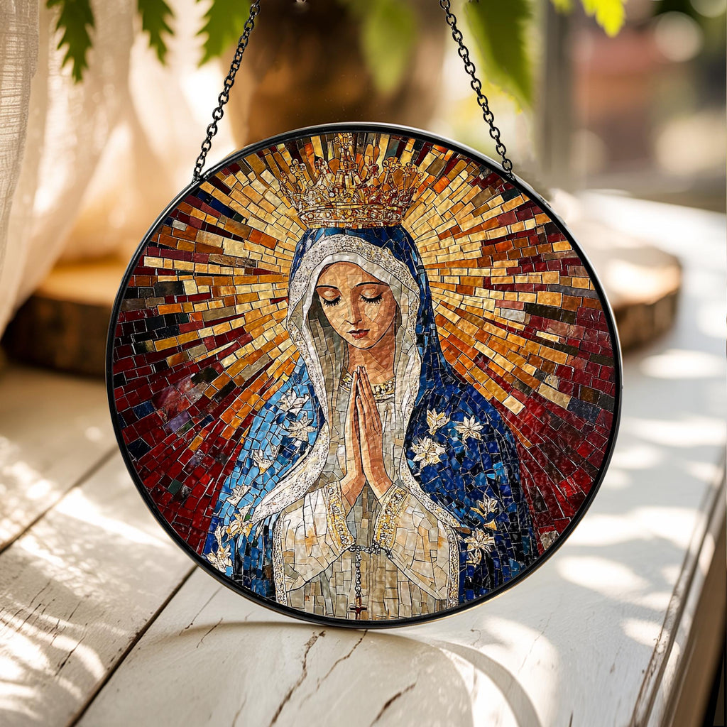 Suncatcher Vitral Nossa Senhora de Fátima Coroada – Enfeite de Janela Redondo Católico