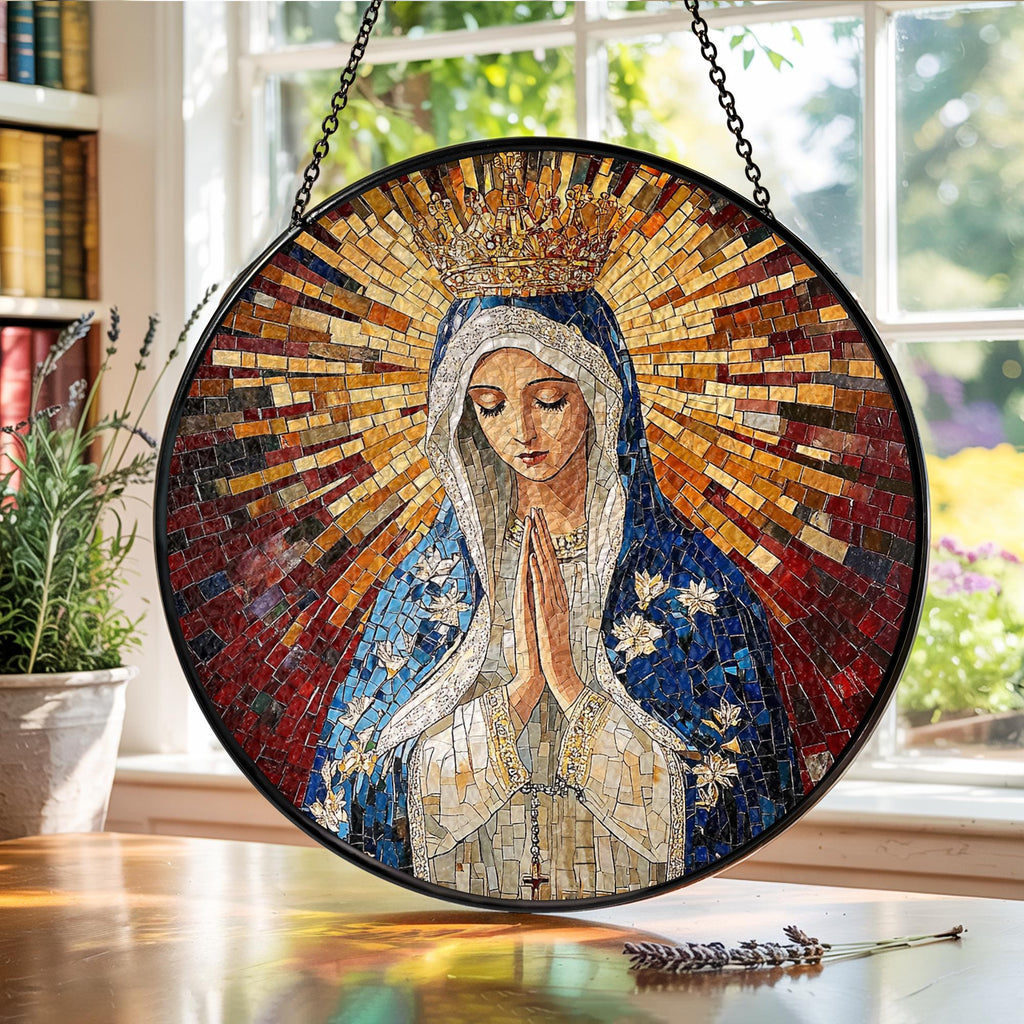 Suncatcher Vitral Nossa Senhora de Fátima Coroada – Enfeite de Janela Redondo Católico