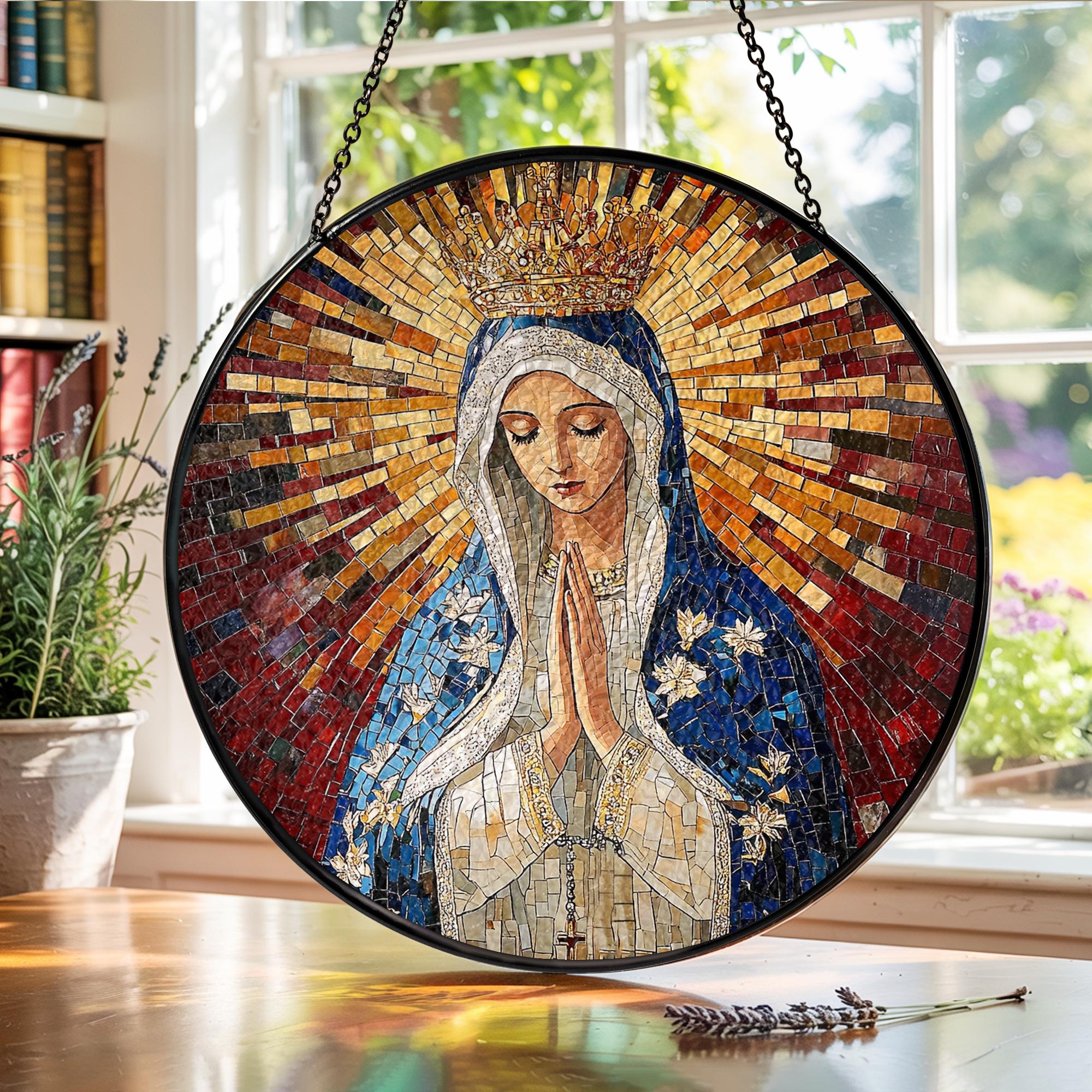 Suncatcher Vitral Nossa Senhora de Fátima Coroada – Enfeite de Janela Redondo Católico