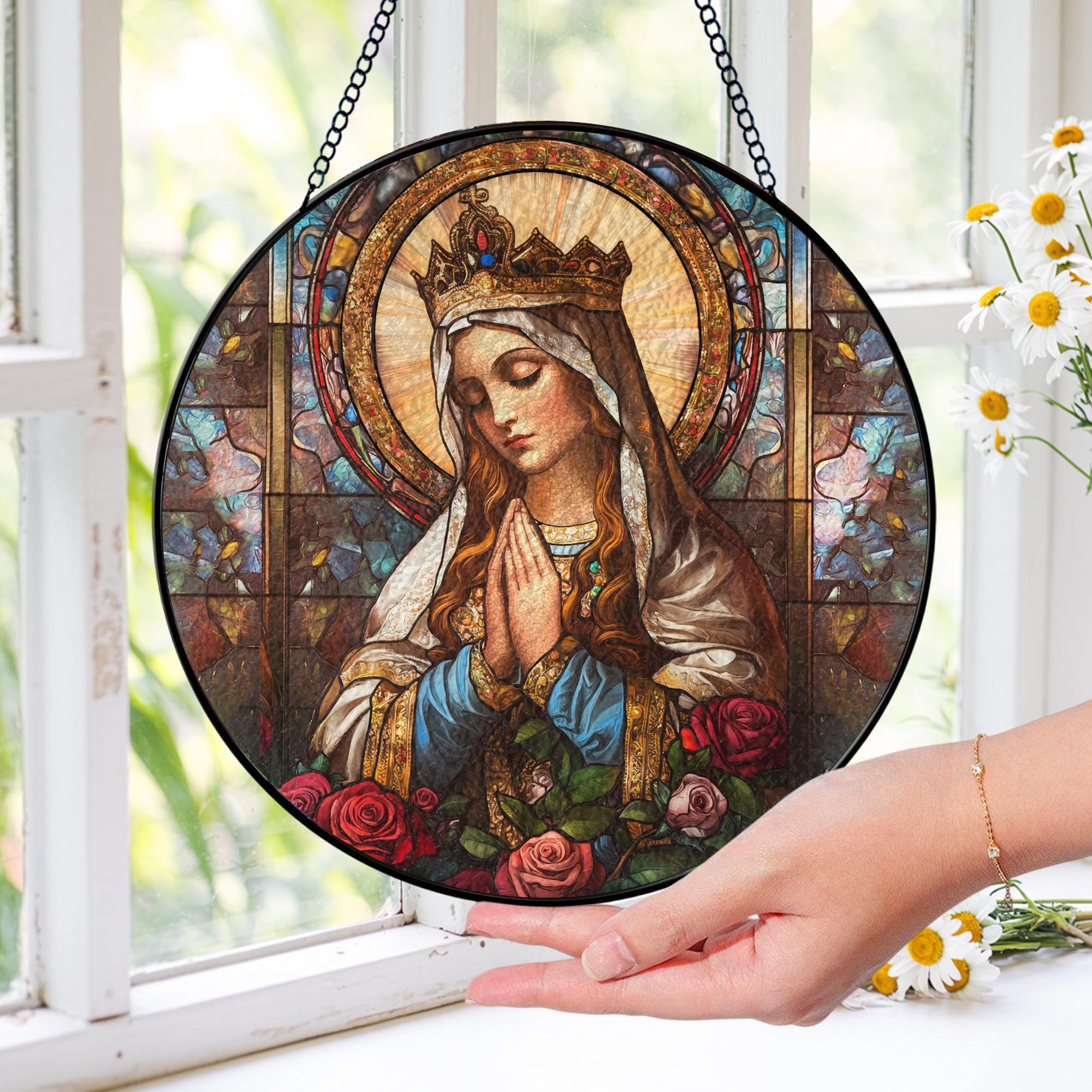 Suncatcher Vitral Nossa Senhora Rainha Coroada com Rosas – Enfeite de Janela Redondo Católico