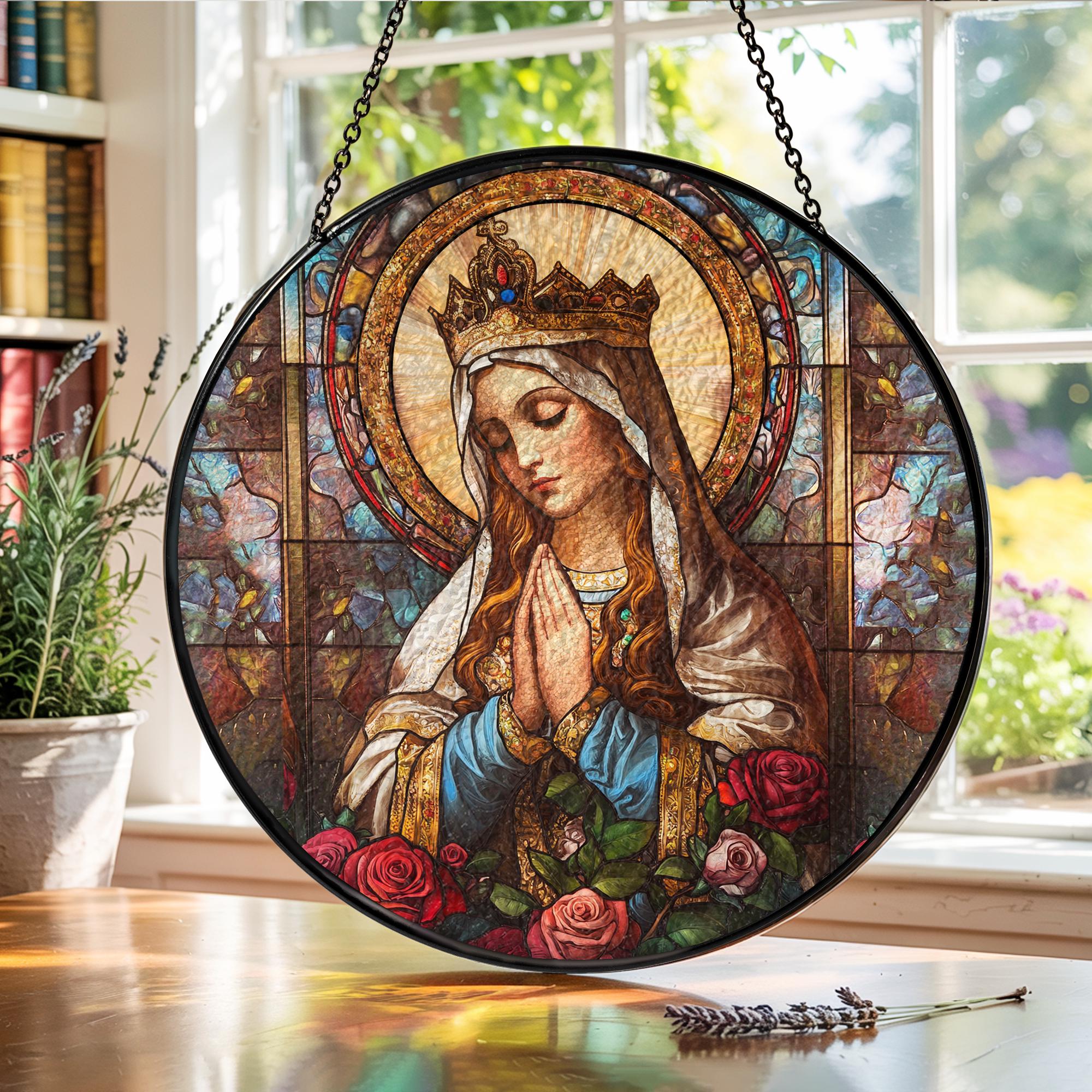 Suncatcher Vitral Nossa Senhora Rainha Coroada com Rosas – Enfeite de Janela Redondo Católico