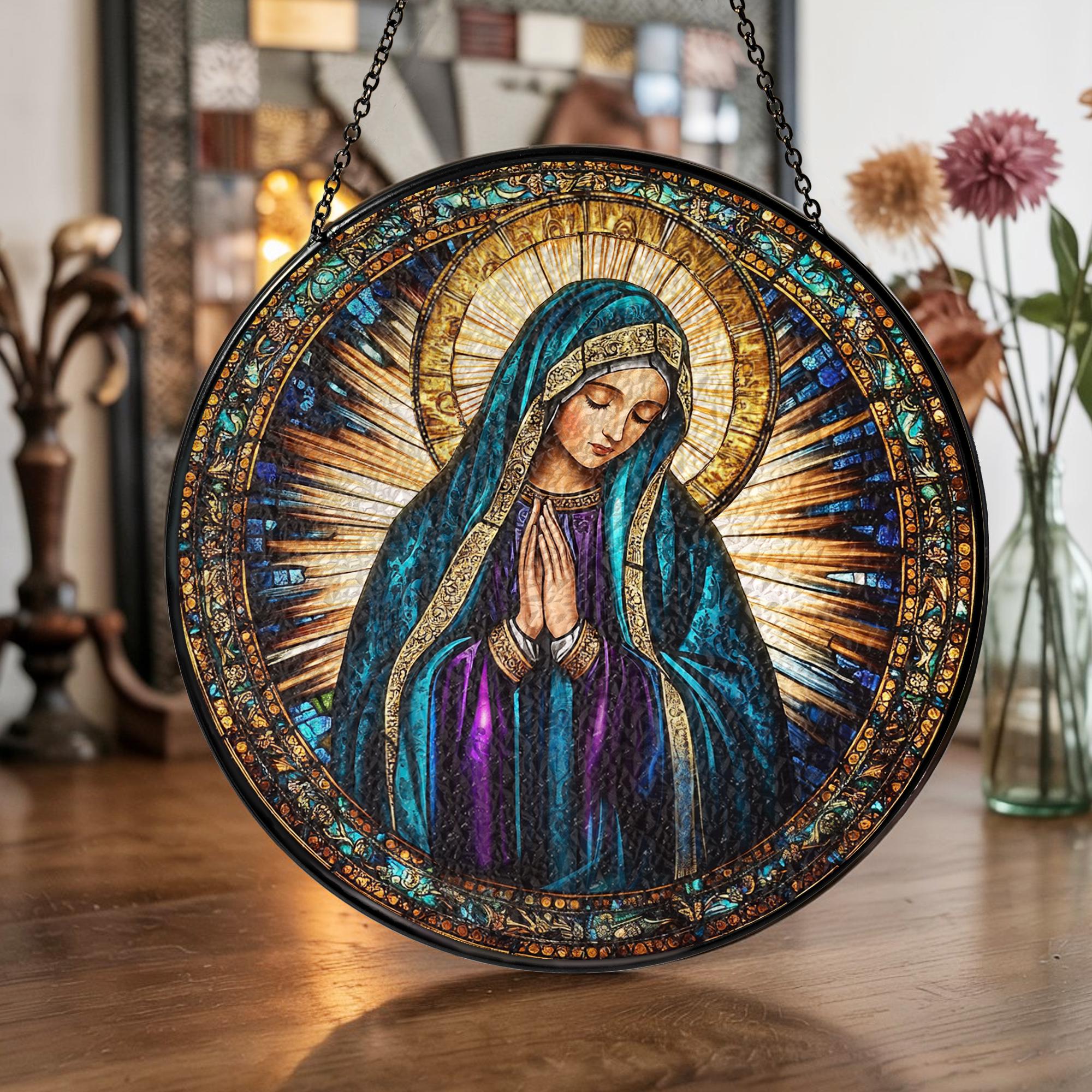 Suncatcher Vitral Dourado Nossa Senhora em Oração – Enfeite de Janela Redondo Católico