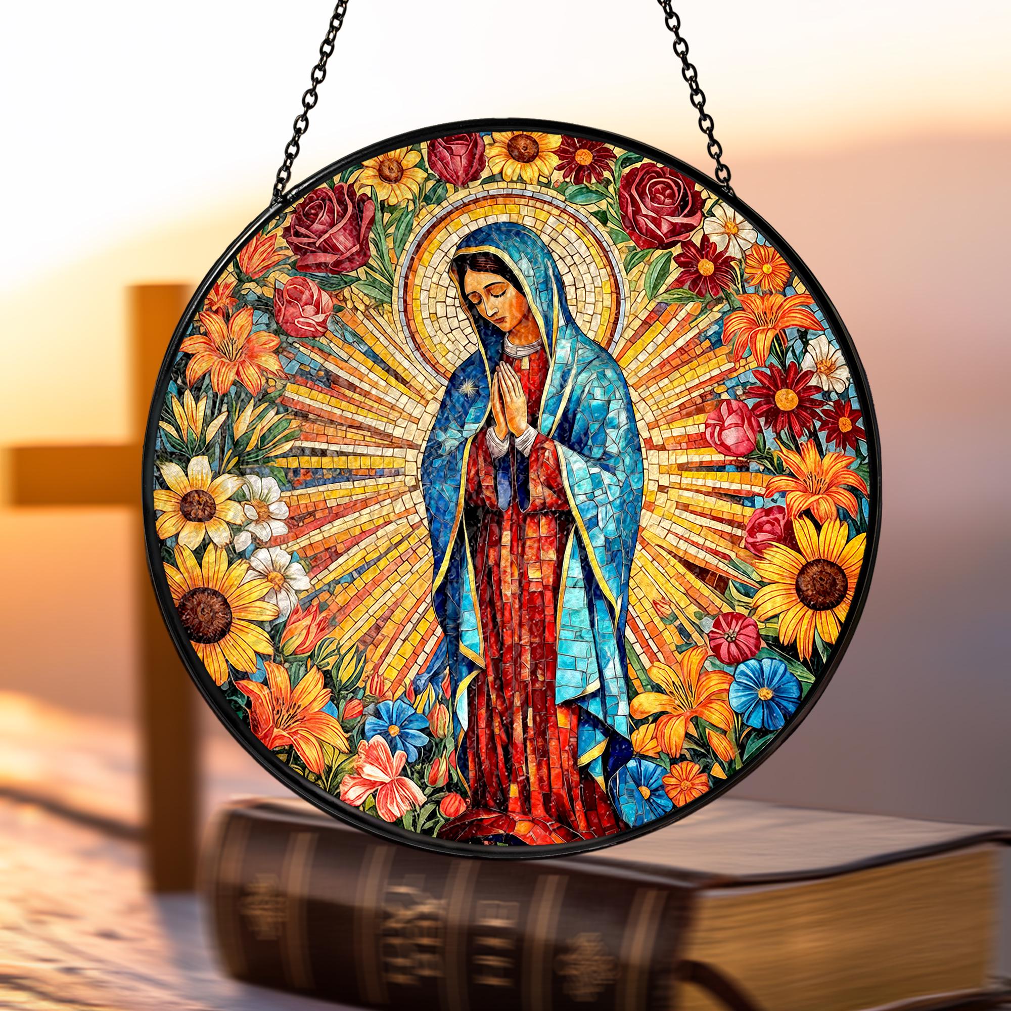 Suncatcher Vitral Nossa Senhora de Guadalupe – Enfeite de Janela Redondo Católico