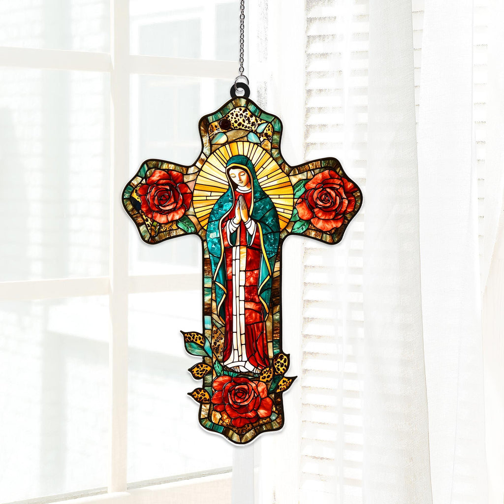 Suncatcher Vitral em Formato de Cruz Nossa Senhora de Guadalupe com Rosas – Enfeite de Janela Católico