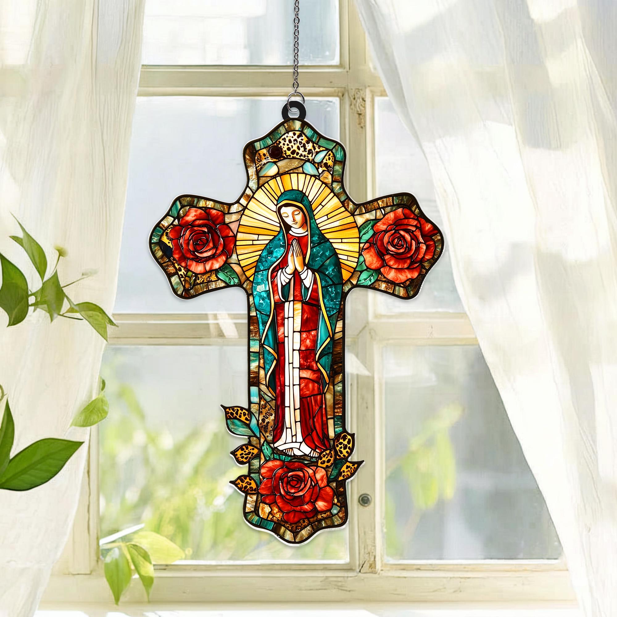 Suncatcher Vitral em Formato de Cruz Nossa Senhora de Guadalupe com Rosas – Enfeite de Janela Católico