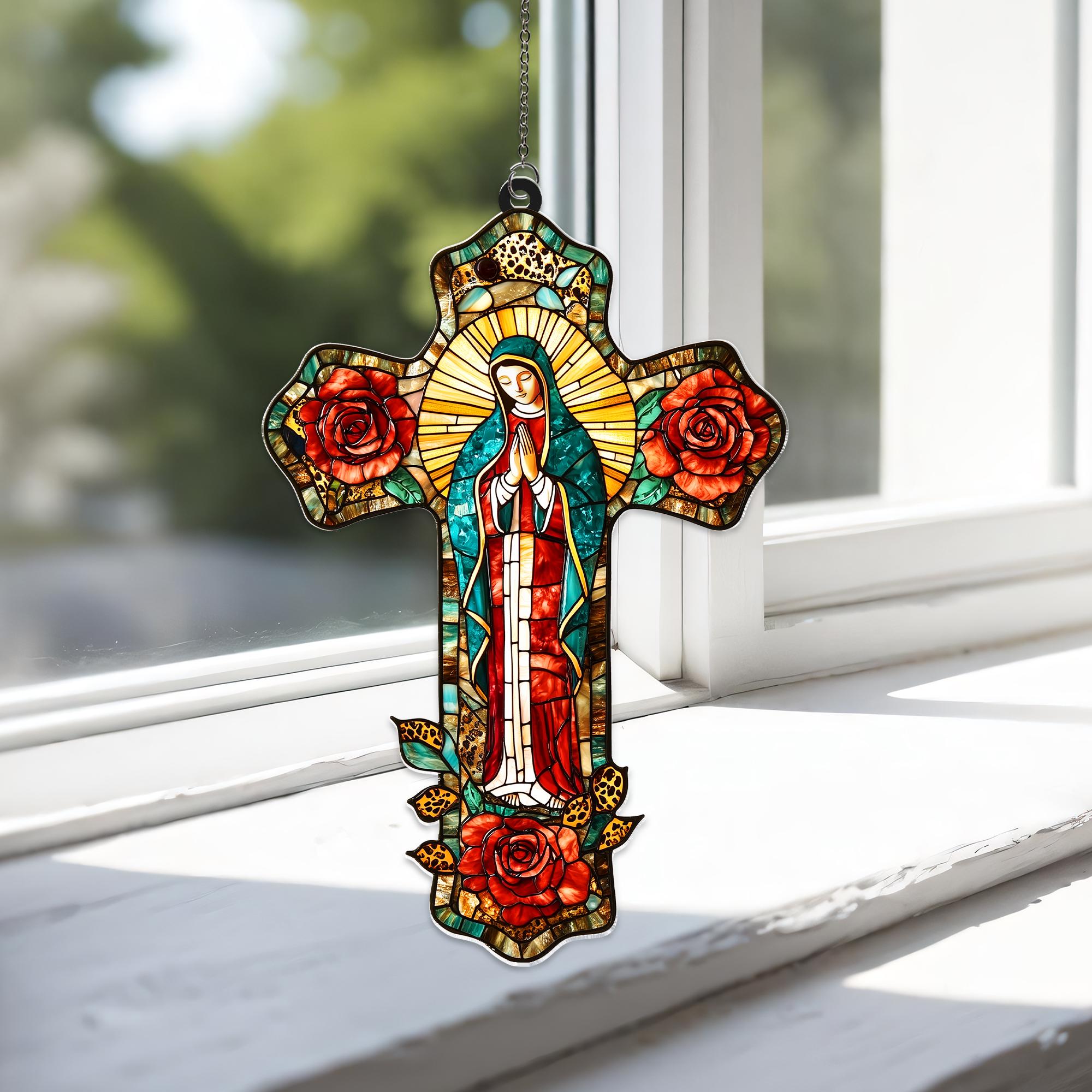 Suncatcher Vitral em Formato de Cruz Nossa Senhora de Guadalupe com Rosas – Enfeite de Janela Católico