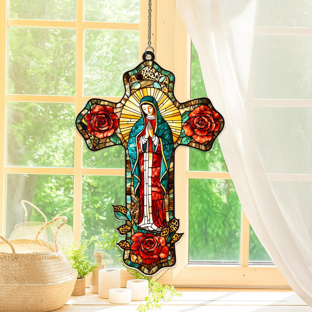 Suncatcher Vitral em Formato de Cruz Nossa Senhora de Guadalupe com Rosas – Enfeite de Janela Católico