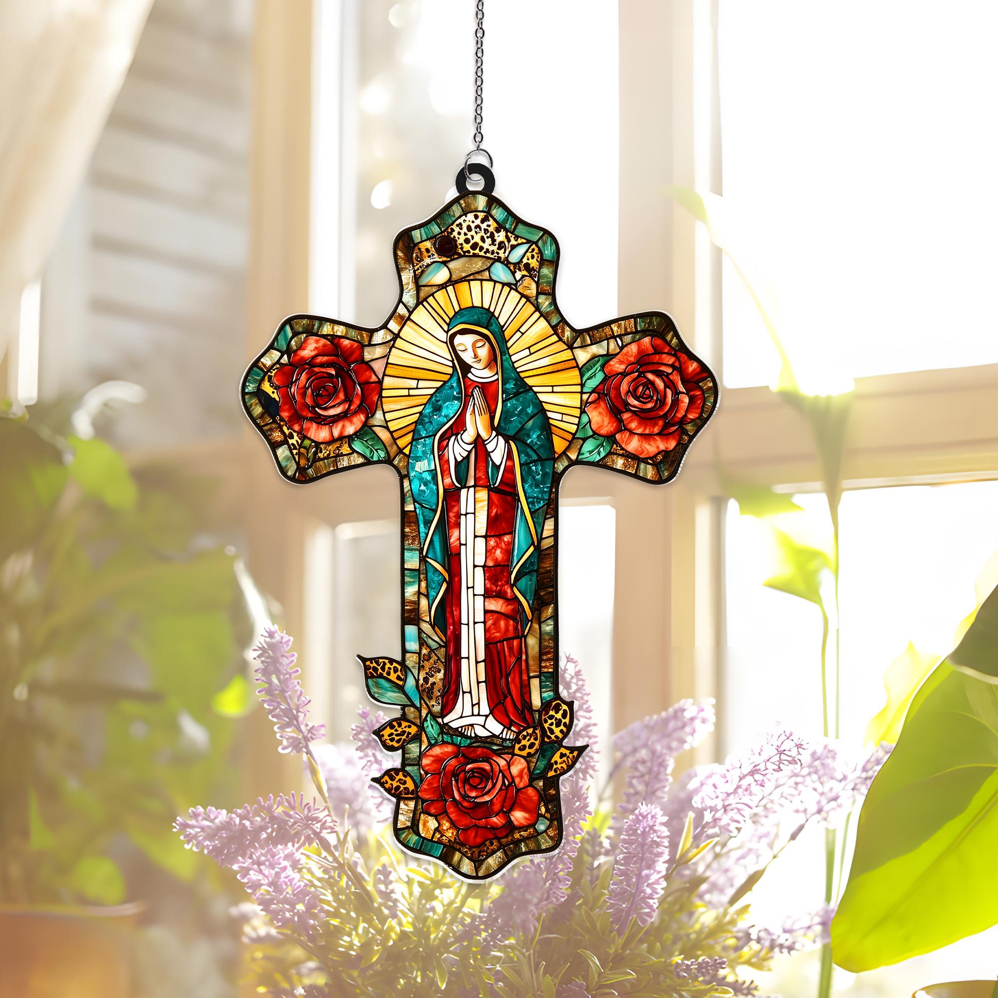 Suncatcher Vitral em Formato de Cruz Nossa Senhora de Guadalupe com Rosas – Enfeite de Janela Católico