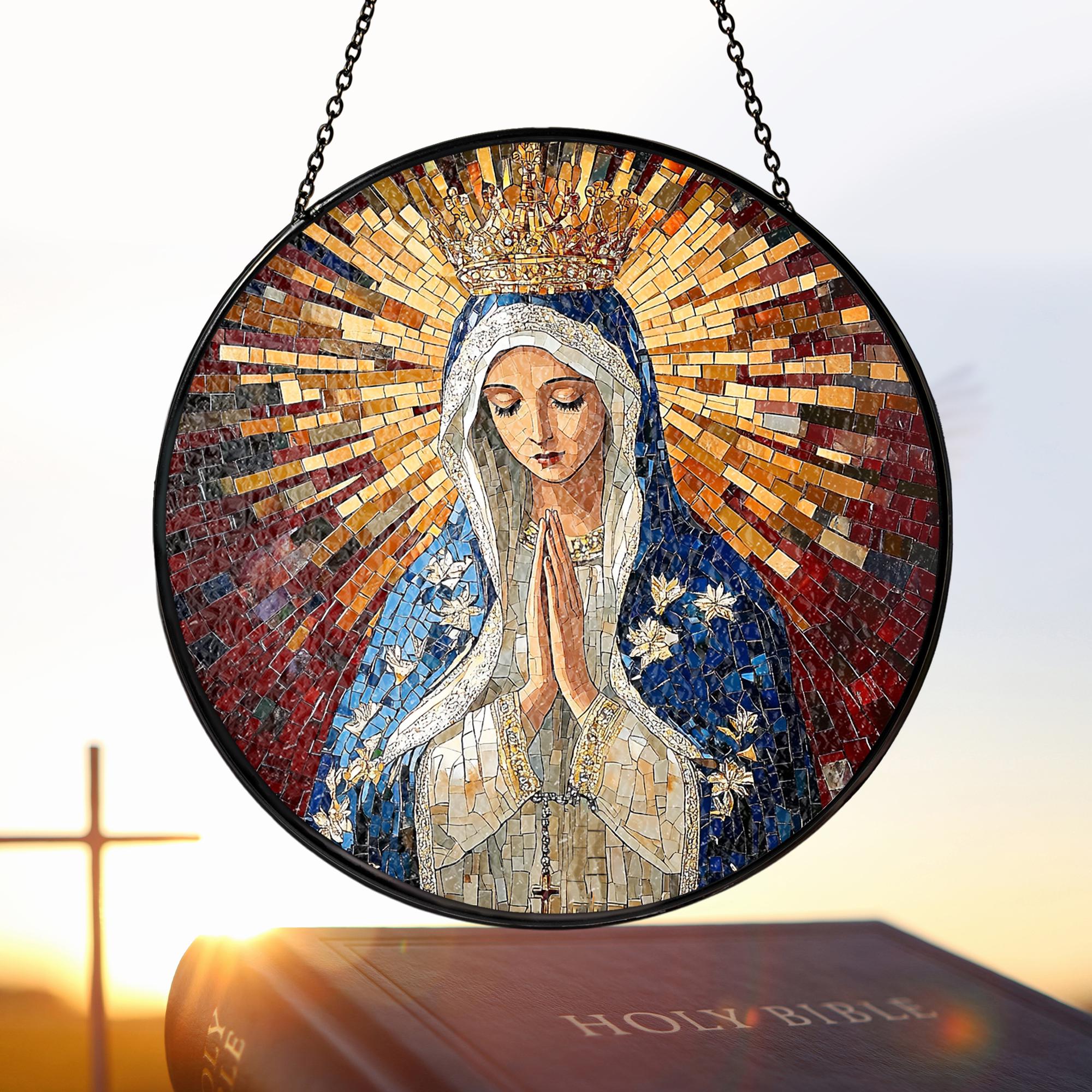 Suncatcher Vitral Nossa Senhora de Fátima Coroada – Enfeite de Janela Redondo Católico