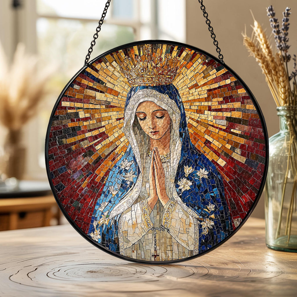 Suncatcher Vitral Nossa Senhora de Fátima Coroada – Enfeite de Janela Redondo Católico