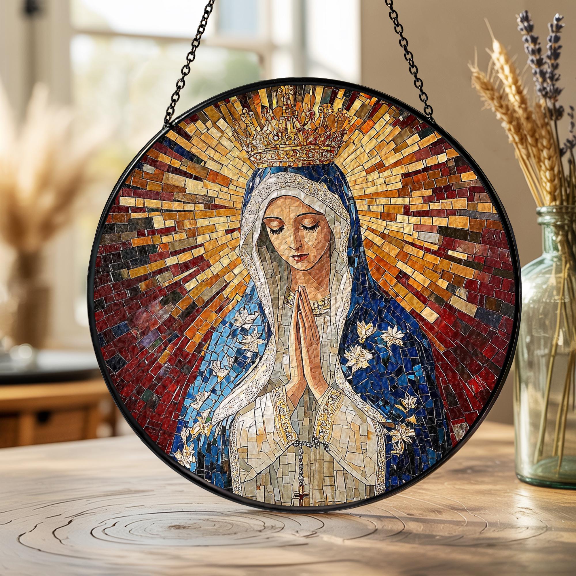 Suncatcher Vitral Nossa Senhora de Fátima Coroada – Enfeite de Janela Redondo Católico
