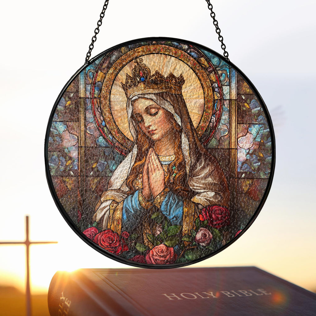 Suncatcher Vitral Nossa Senhora Rainha Coroada com Rosas – Enfeite de Janela Redondo Católico