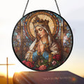Suncatcher Vitral Nossa Senhora Rainha Coroada com Rosas – Enfeite de Janela Redondo Católico