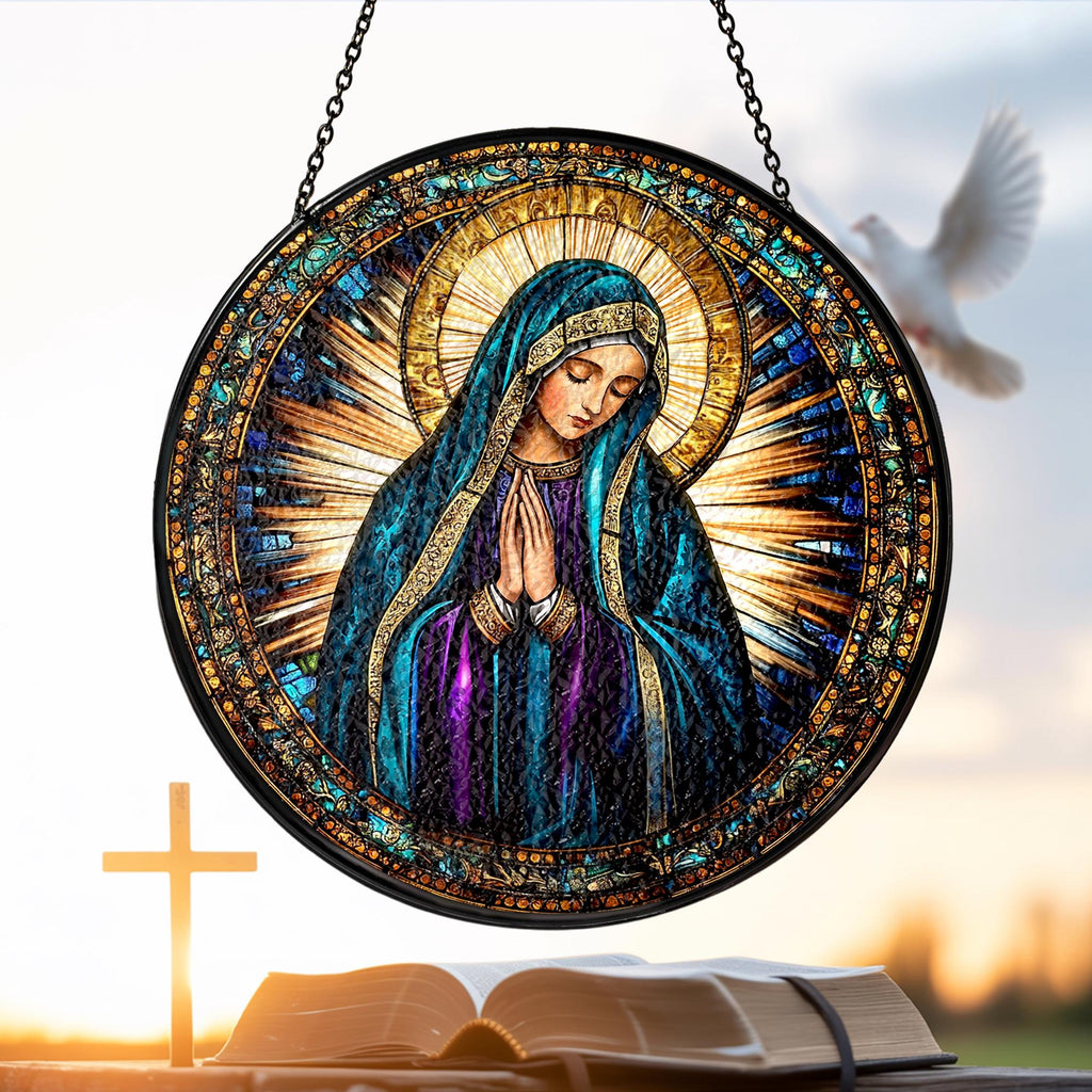 Suncatcher Vitral Dourado Nossa Senhora em Oração – Enfeite de Janela Redondo Católico