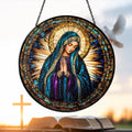 Suncatcher Vitral Dourado Nossa Senhora em Oração – Enfeite de Janela Redondo Católico