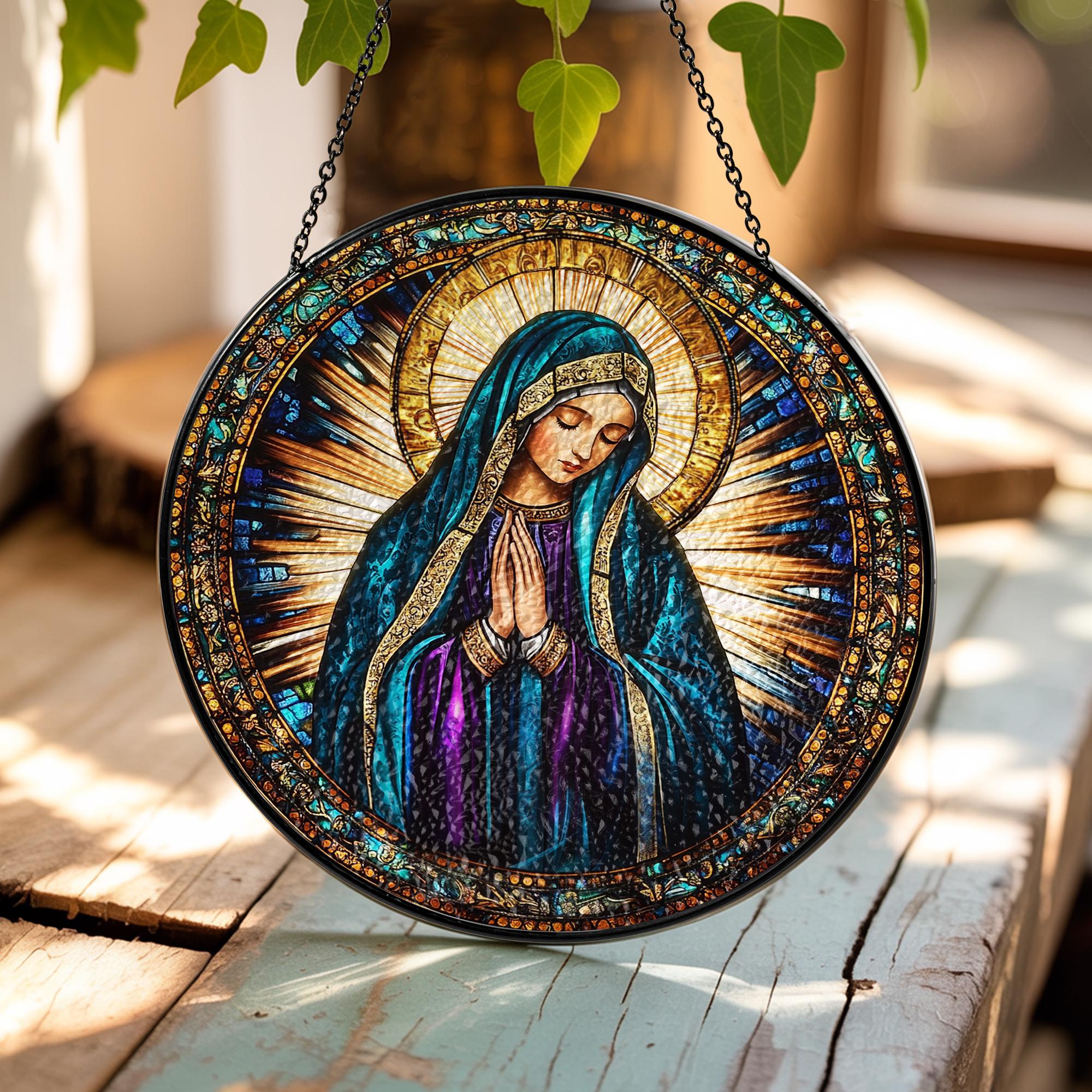Suncatcher Vitral Dourado Nossa Senhora em Oração – Enfeite de Janela Redondo Católico