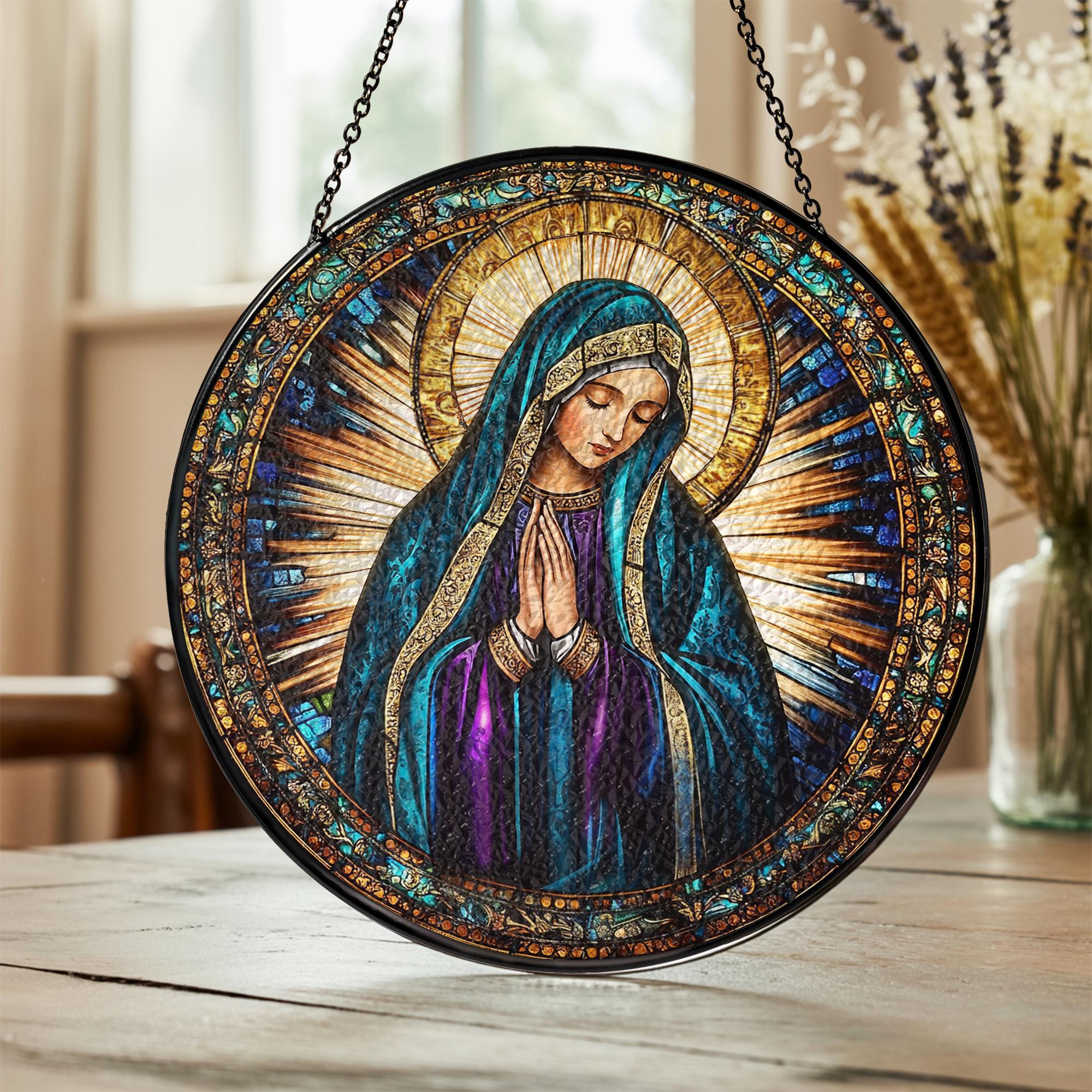 Suncatcher Vitral Dourado Nossa Senhora em Oração – Enfeite de Janela Redondo Católico
