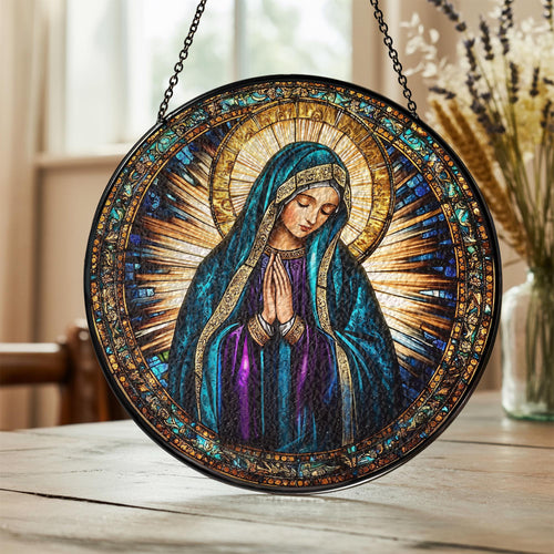 Suncatcher Vitral Dourado Nossa Senhora em Oração – Enfeite de Janela Redondo Católico