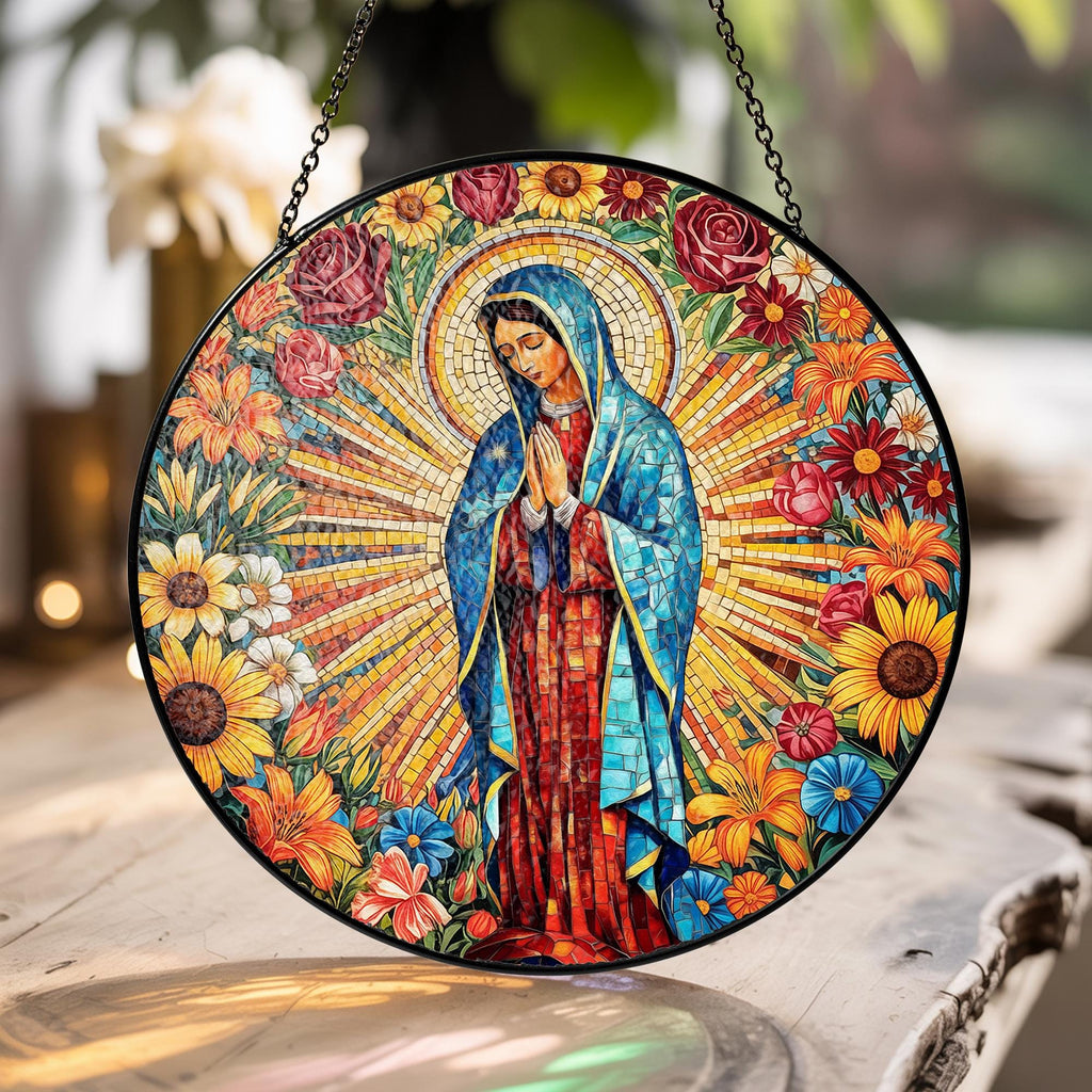 Suncatcher Vitral Nossa Senhora de Guadalupe – Enfeite de Janela Redondo Católico