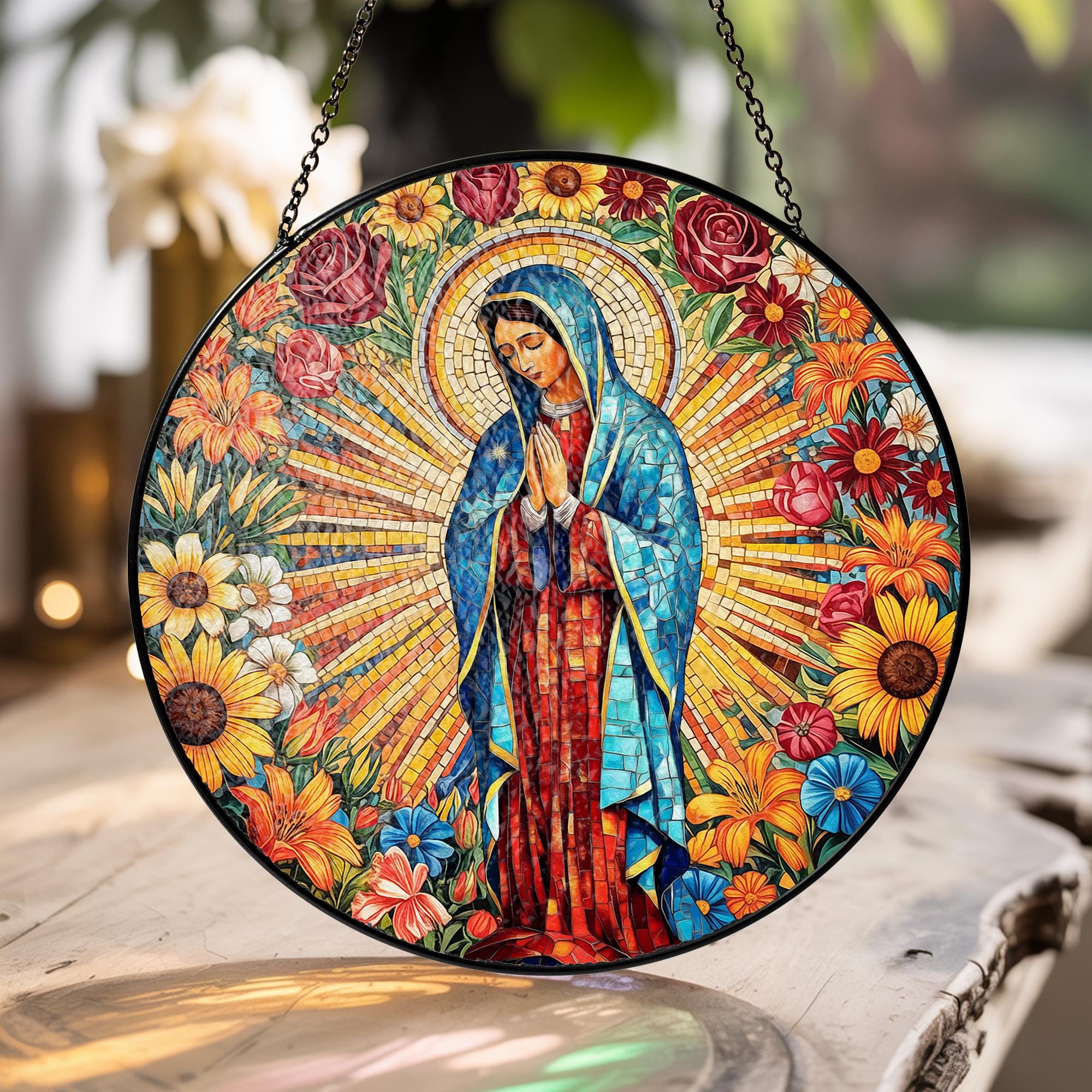 Suncatcher Vitral Nossa Senhora de Guadalupe – Enfeite de Janela Redondo Católico