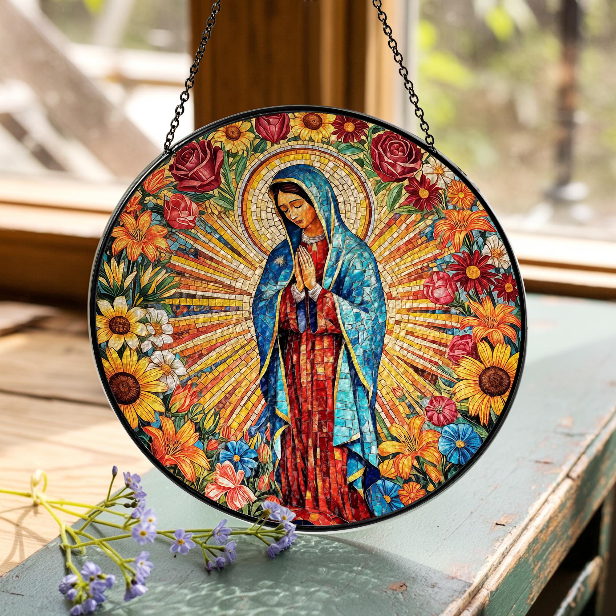 Suncatcher Vitral Nossa Senhora de Guadalupe – Enfeite de Janela Redondo Católico