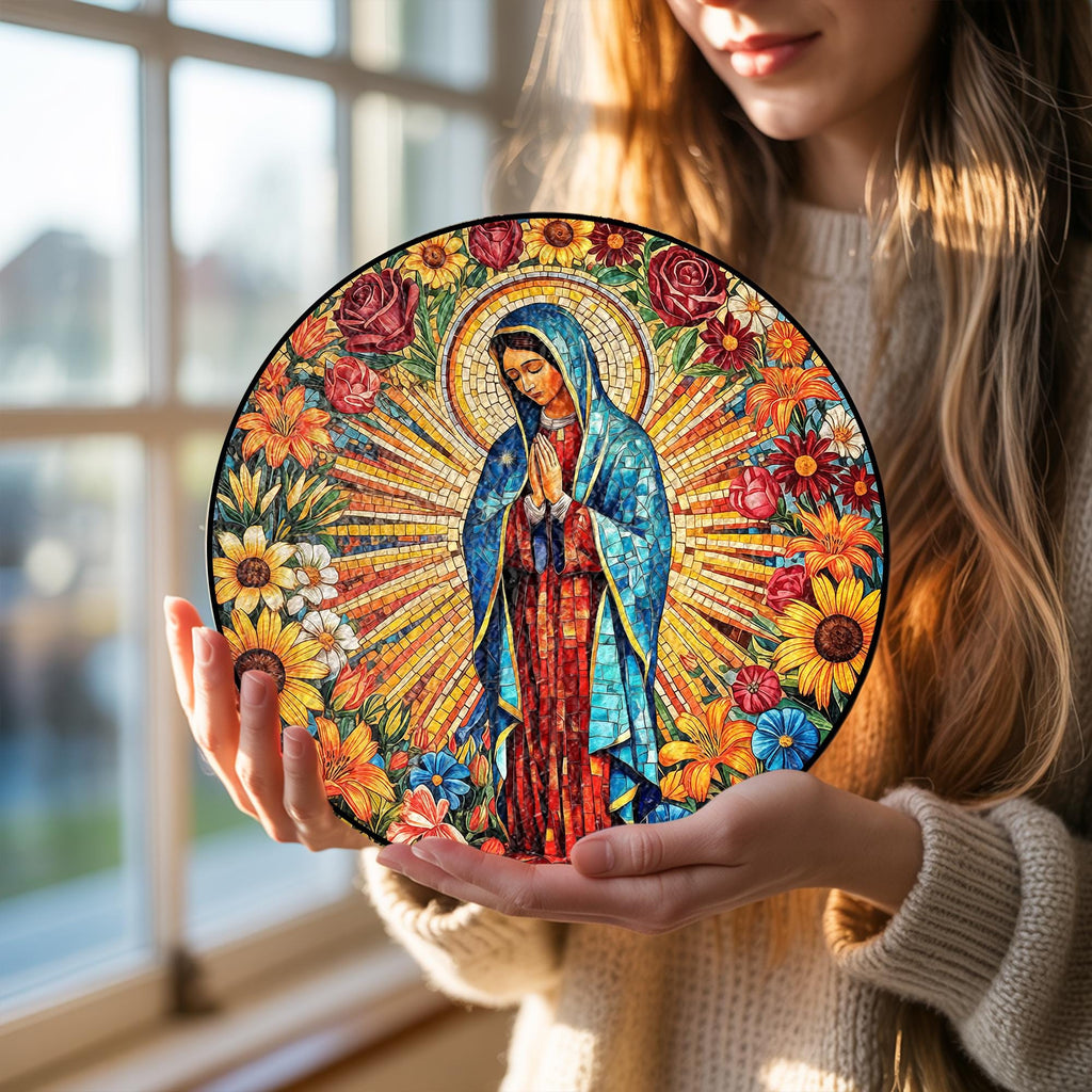 Suncatcher Vitral Nossa Senhora de Guadalupe – Enfeite de Janela Redondo Católico