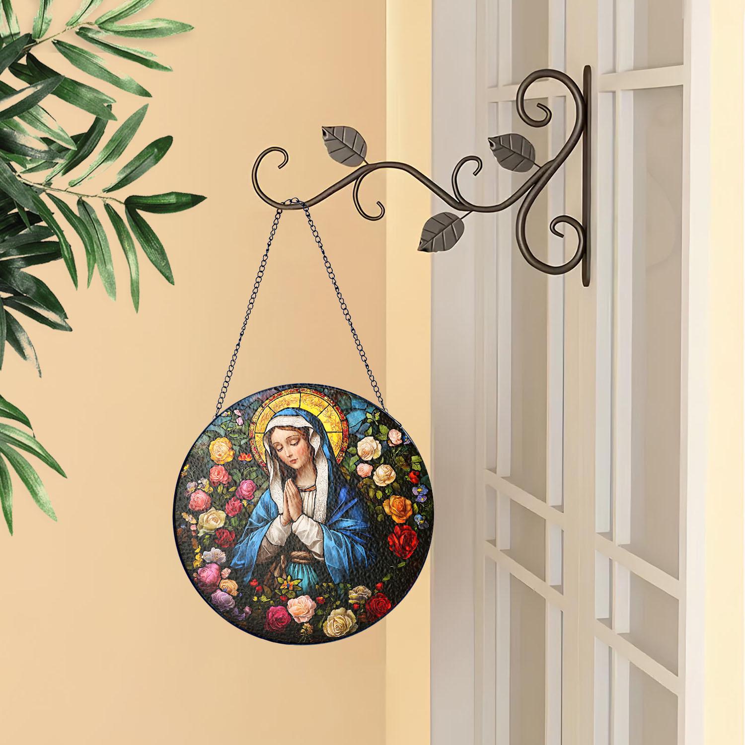 Suncatcher Vitral Nossa Senhora em Oração – Enfeite de Janela Redondo Católico com Rosas
