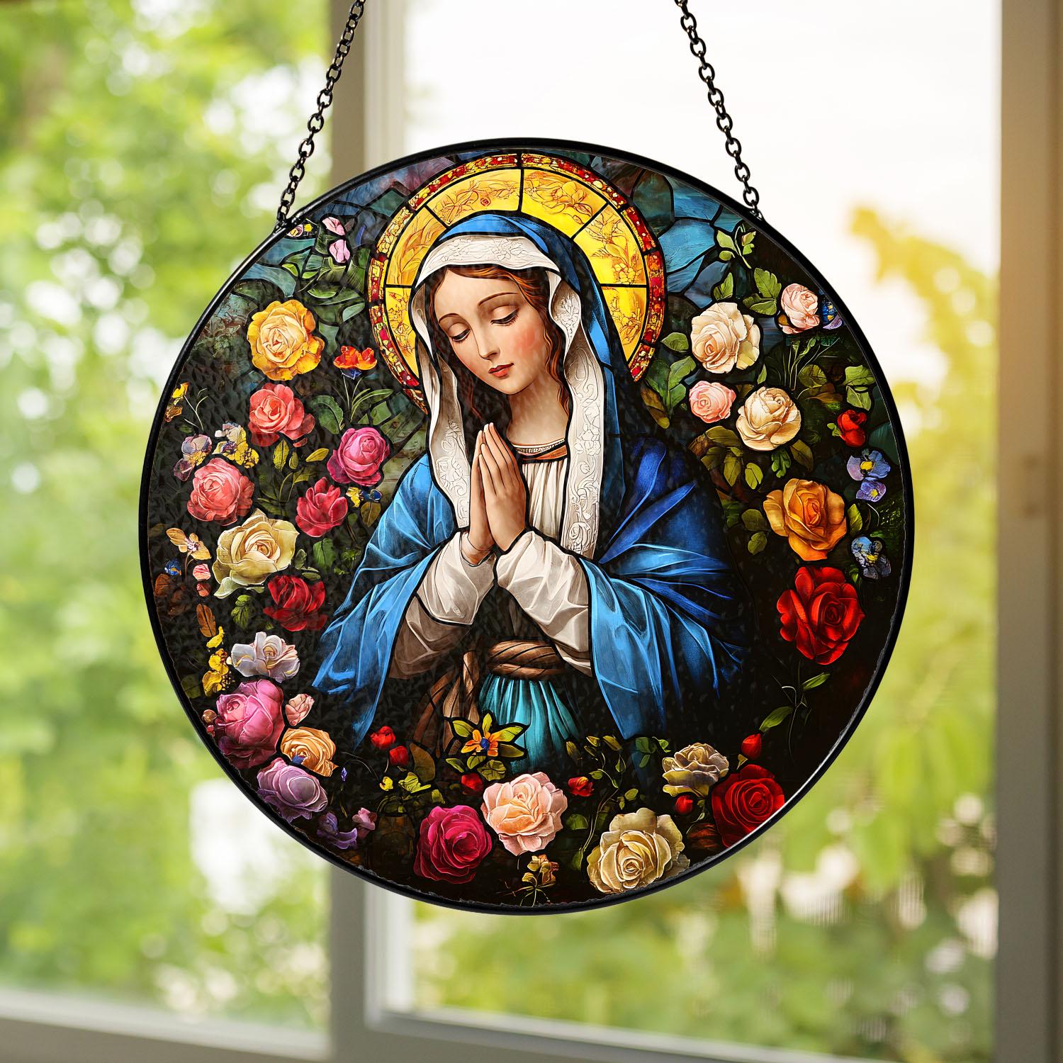 Suncatcher Vitral Nossa Senhora em Oração – Enfeite de Janela Redondo Católico com Rosas