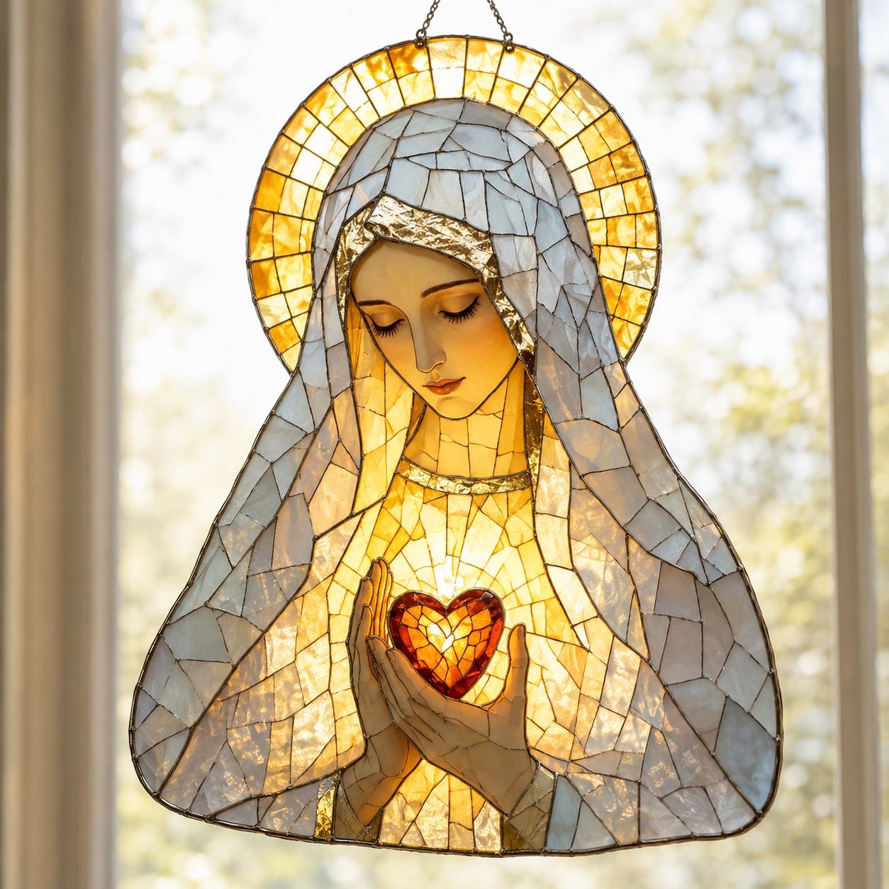 Vitral Suncatcher Nossa Senhora – Sagrado Coração Enfeite de Janela Católico