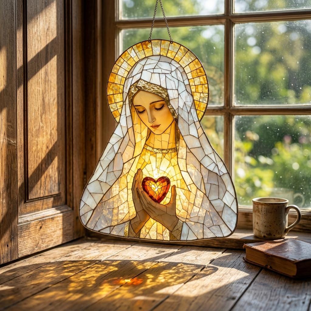 Vitral Suncatcher Nossa Senhora – Sagrado Coração Enfeite de Janela Católico