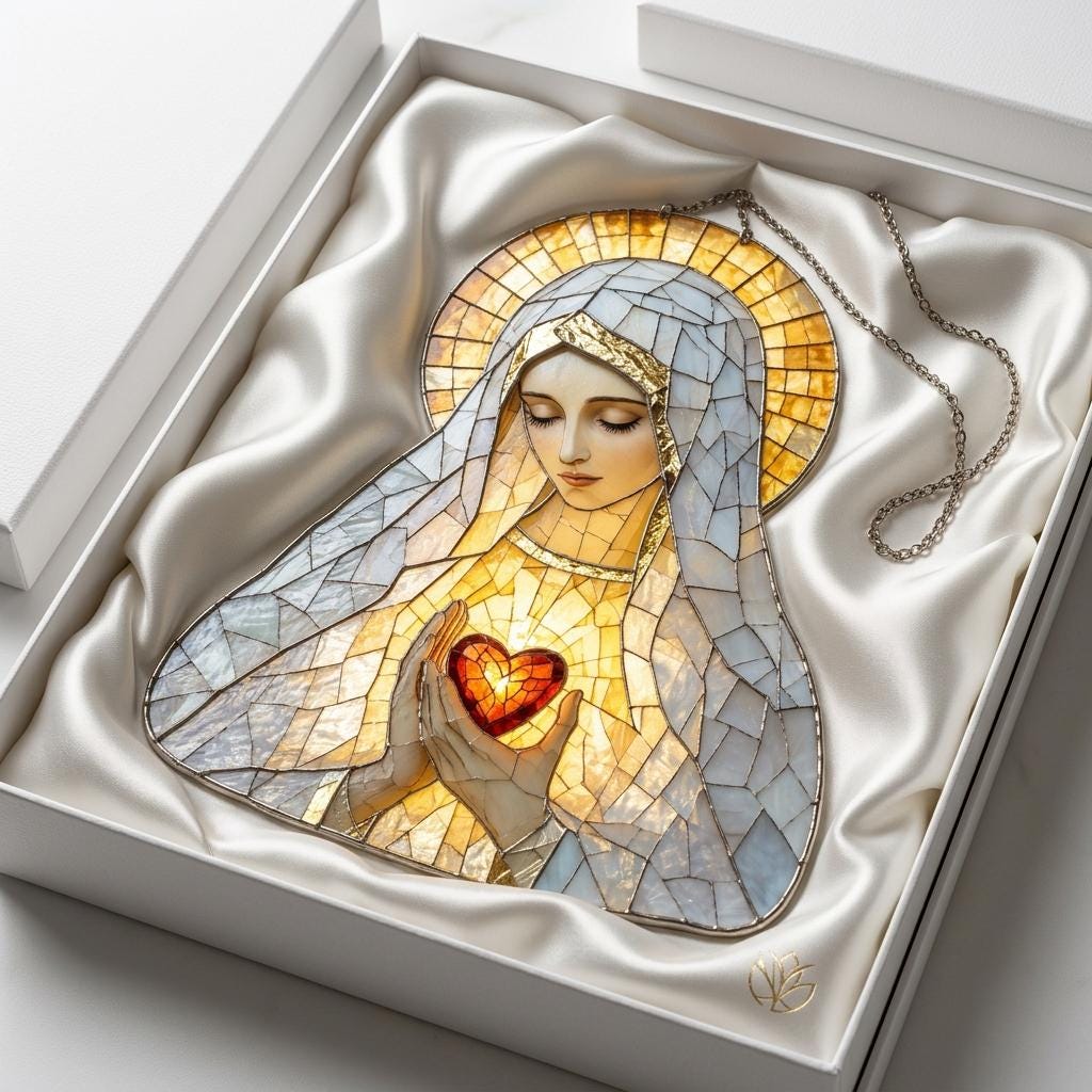 Vitral Suncatcher Nossa Senhora – Sagrado Coração Enfeite de Janela Católico