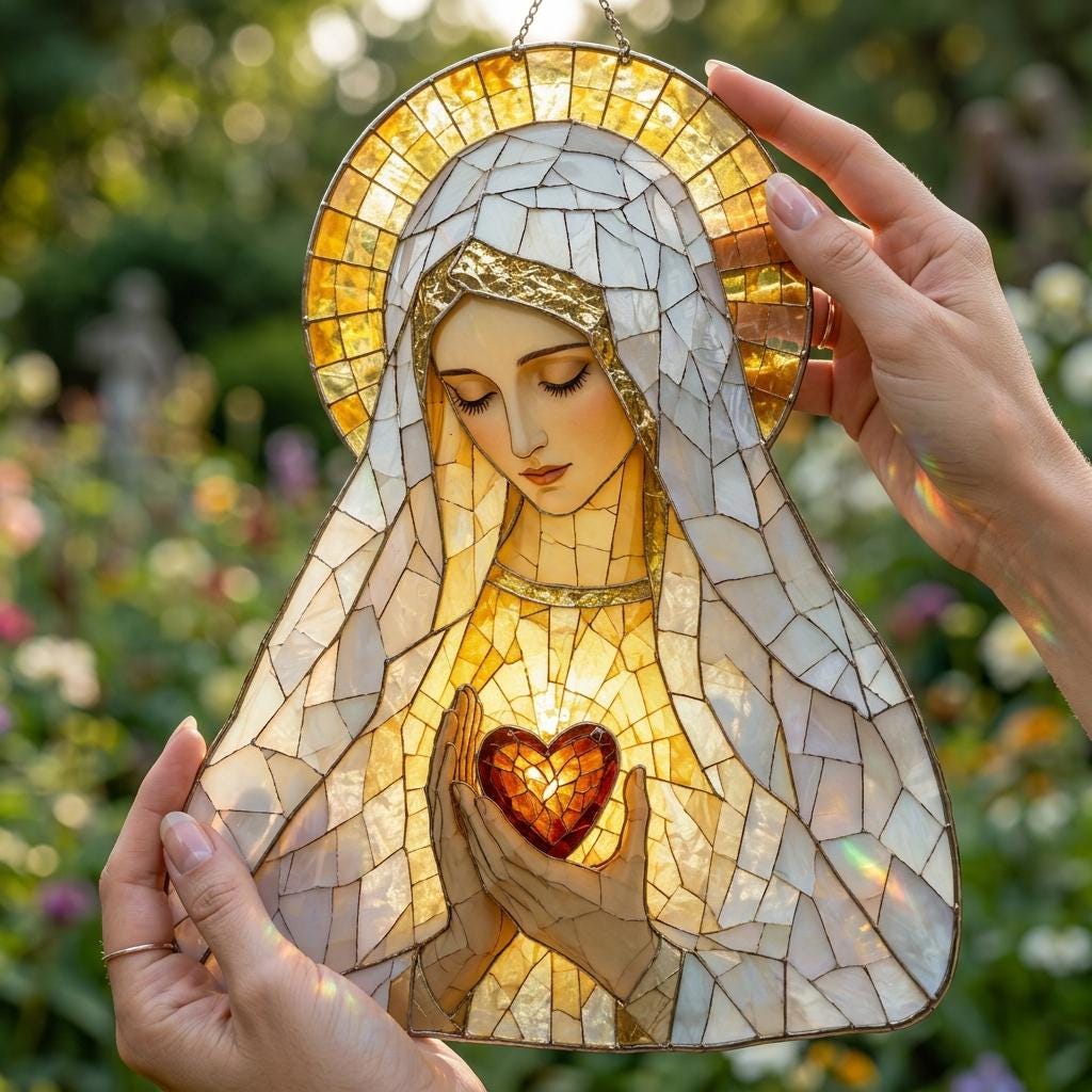 Vitral Suncatcher Nossa Senhora – Sagrado Coração Enfeite de Janela Católico