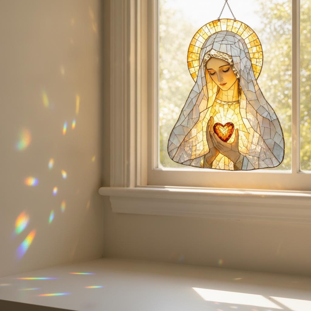 Vitral Suncatcher Nossa Senhora – Sagrado Coração Enfeite de Janela Católico